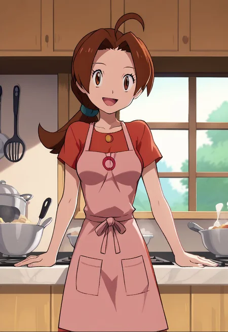 source_anime, rating_explicit, score_9, score_8_up, flat colors, anime screenshot, anime screencap, deliaketchum, brown hair, brown eyes, parted bangs, ahoge, ponytail, low ponytail, medium breasts, looking at viewer, smile, open mouth, kitchen, apron , short sleeves, indoors