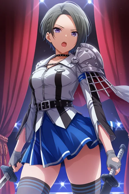 masterpiece, best quality, amazing quality,
 <lora:Suzu_IL:1> suzu, 1girl, weapon, solo, sword, thighhighs, skirt, short hair, fingerless gloves, open mouth, gloves, holding weapon, holding, blue skirt, blue eyes, choker, zettai ryouiki, looking at viewer, purple eyes, holding sword, belt, grey gloves, miniskirt, stage outfit, red curtains
