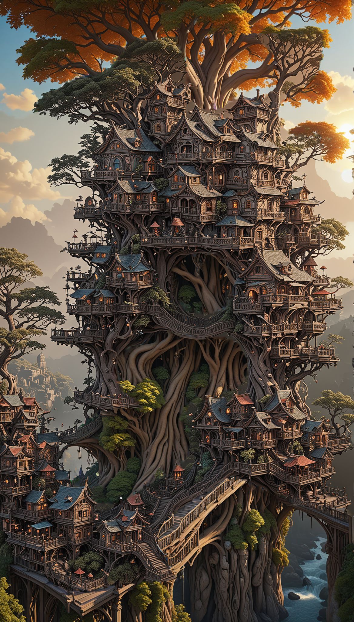 a wonderous and beautiful fantasy world with the Tree House Mansion Village, Multiple Bridges, sun, in the day, insanely detailed and intricate, hyper maximalist, elegant, hyper realistic, super detailed, vivid colours, sunrise, ornate, dynamic, articulate, 8K, <lora:3D_Framed_Wall_Art_-_By_DICE:0.6>, (Framed 3D, 3d Tree), EPIC,  Painstaking Attention To Detail, UHD
