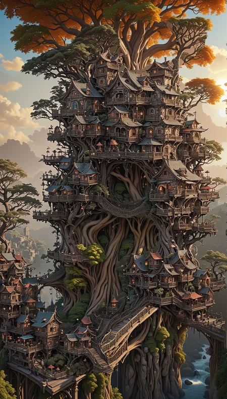 a wonderous and beautiful fantasy world with the Tree House Mansion Village, Multiple Bridges, sun, in the day, insanely detailed and intricate, hyper maximalist, elegant, hyper realistic, super detailed, vivid colours, sunrise, ornate, dynamic, articulate, 8K, <lora:3D_Framed_Wall_Art_-_By_DICE:0.6>, (Framed 3D, 3d Tree), EPIC, Painstaking Attention To Detail, UHD