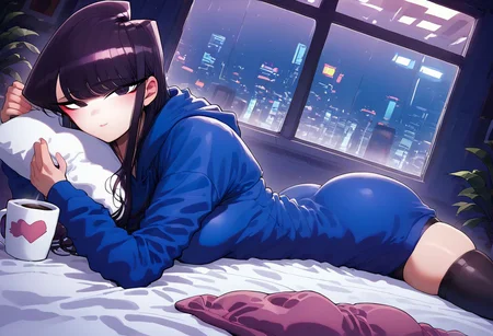 score_9,score_8_up,score_7_up,score_6_up, 1girl,
sitting in bed next to a large window, steaming coffee cup on windowsill, wearing croptop hoodie, black croptop hoodie, long hair, black hair, komi, Komi Shouko, (anime : komi cant communicate), pov from outside, view from putside the window looking into the room, looking out window, head resting on pillow laying on the bed, hoodie, plants on the windowsill, looking out the window, looking at viewer, background is the bedroom, tidy bedrrom, small room, cramped bedroom, teddies on the bed,, wearing legging, see through thights, black tights, cyberpunk city view out of the window, neon light, purple neon lights, has a cat teddy, is hugging a cat teddy,