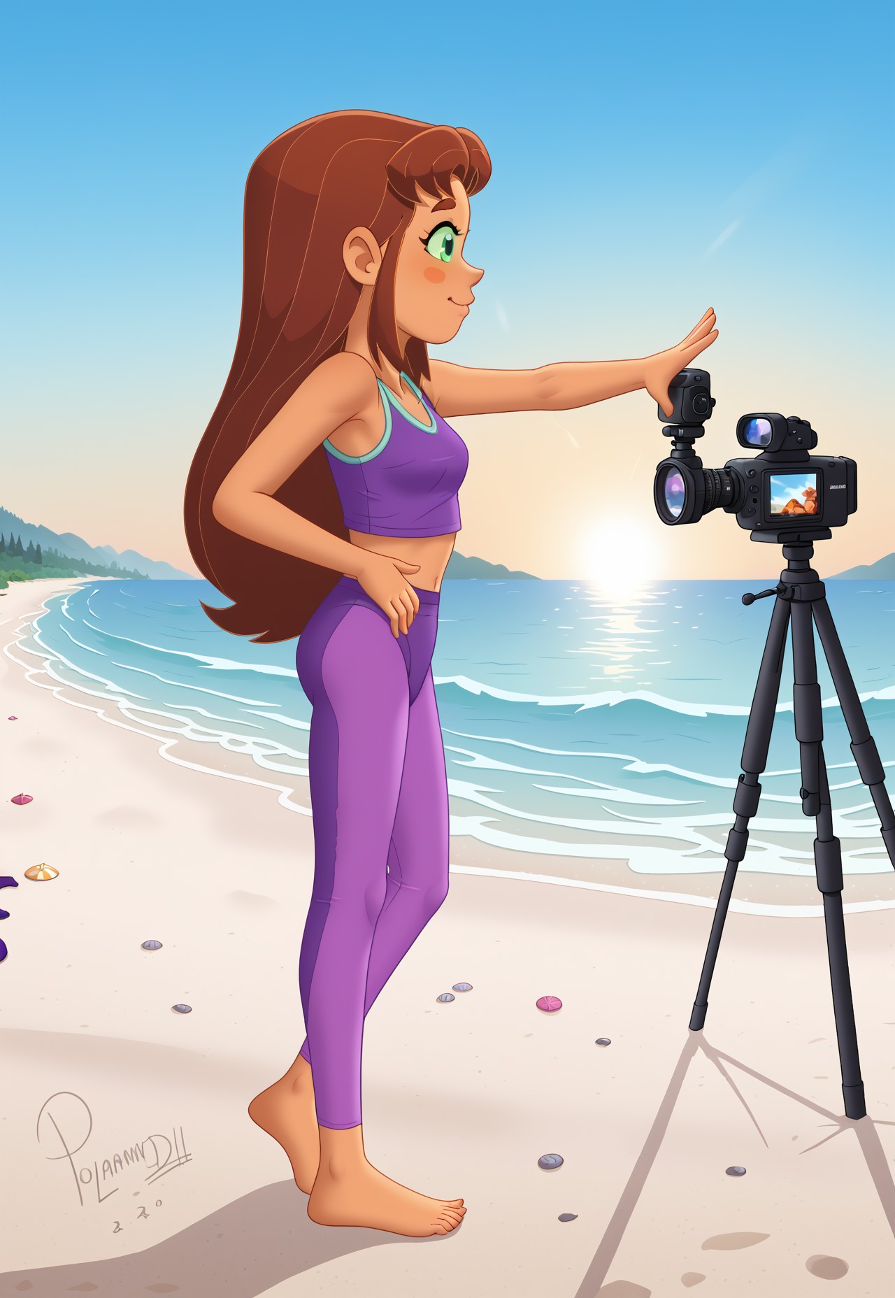 polanstyle, starfire, orange skin, practicing yoga on a beach at sunrise, wearing a fitted tank top and yoga pants. The background features gentle waves lapping at the shore and the sun rising over the horizon, casting a warm glow.