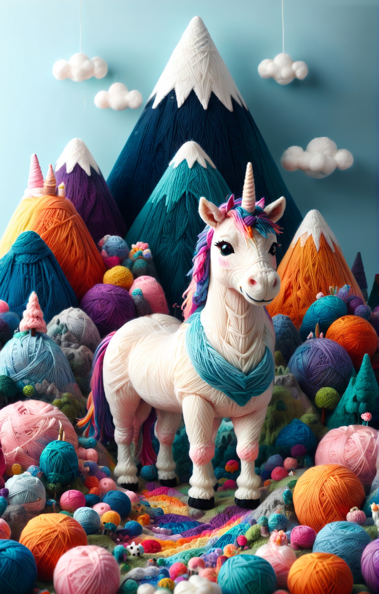 3d isometric, blender render, soft colorful-hued colors, yrnwrld, close up of an epic unicorn made of yarn atop a mountain peak <lora:Yarnworld-000017:1> Two tone lighting, abstract geometric gradients, geometric shapes, simple background
