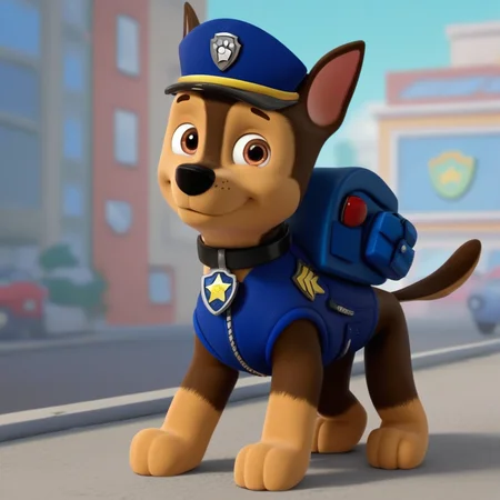score_9, score_8_up, score_7_up, score_6_up, source_cartoon, Chase(PP), solo, 1boy, feral, German shepherd, dog, brown and tan fur, brown eyes, black nose, thin tail, black collar, star (symbol) tag, blue police vest, blue police hat, blue backpack, full body, looking at viewer, standing, smile, sunny, city background,