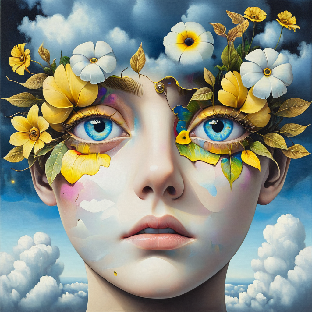<lora:Dreamlike_surrealist_paintingSDXL:1> ArsMJStyle, Dreamlike surrealist painting, The image is a digital art piece that appears to be a portrait of a woman's face. The background is a dark blue sky with white clouds scattered across it. The woman's eyes are a bright yellow color and her eyebrows are a darker shade of blue. Her face is covered in a colorful abstract design that covers most of her face. The design is made up of various elements including flowers leaves and plants creating a surreal and dreamlike atmosphere. The flowers are arranged in a way that creates a sense of depth and dimension while the leaves and plants are scattered throughout the face adding texture and depth to the image. The overall effect is one of beauty and serenity. The colors used in the design are vibrant and the overall mood of the image is surreal and surreal., cloud, flower, blue eyes, realistic, solo, sky, yellow eyes, 1boy, colored sclera, heterochromia