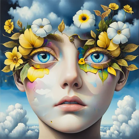 <lora:Dreamlike_surrealist_paintingSDXL:1> ArsMJStyle, Dreamlike surrealist painting, The image is a digital art piece that appears to be a portrait of a woman's face. The background is a dark blue sky with white clouds scattered across it. The woman's eyes are a bright yellow color and her eyebrows are a darker shade of blue. Her face is covered in a colorful abstract design that covers most of her face. The design is made up of various elements including flowers leaves and plants creating a surreal and dreamlike atmosphere. The flowers are arranged in a way that creates a sense of depth and dimension while the leaves and plants are scattered throughout the face adding texture and depth to the image. The overall effect is one of beauty and serenity. The colors used in the design are vibrant and the overall mood of the image is surreal and surreal., cloud, flower, blue eyes, realistic, solo, sky, yellow eyes, 1boy, colored sclera, heterochromia