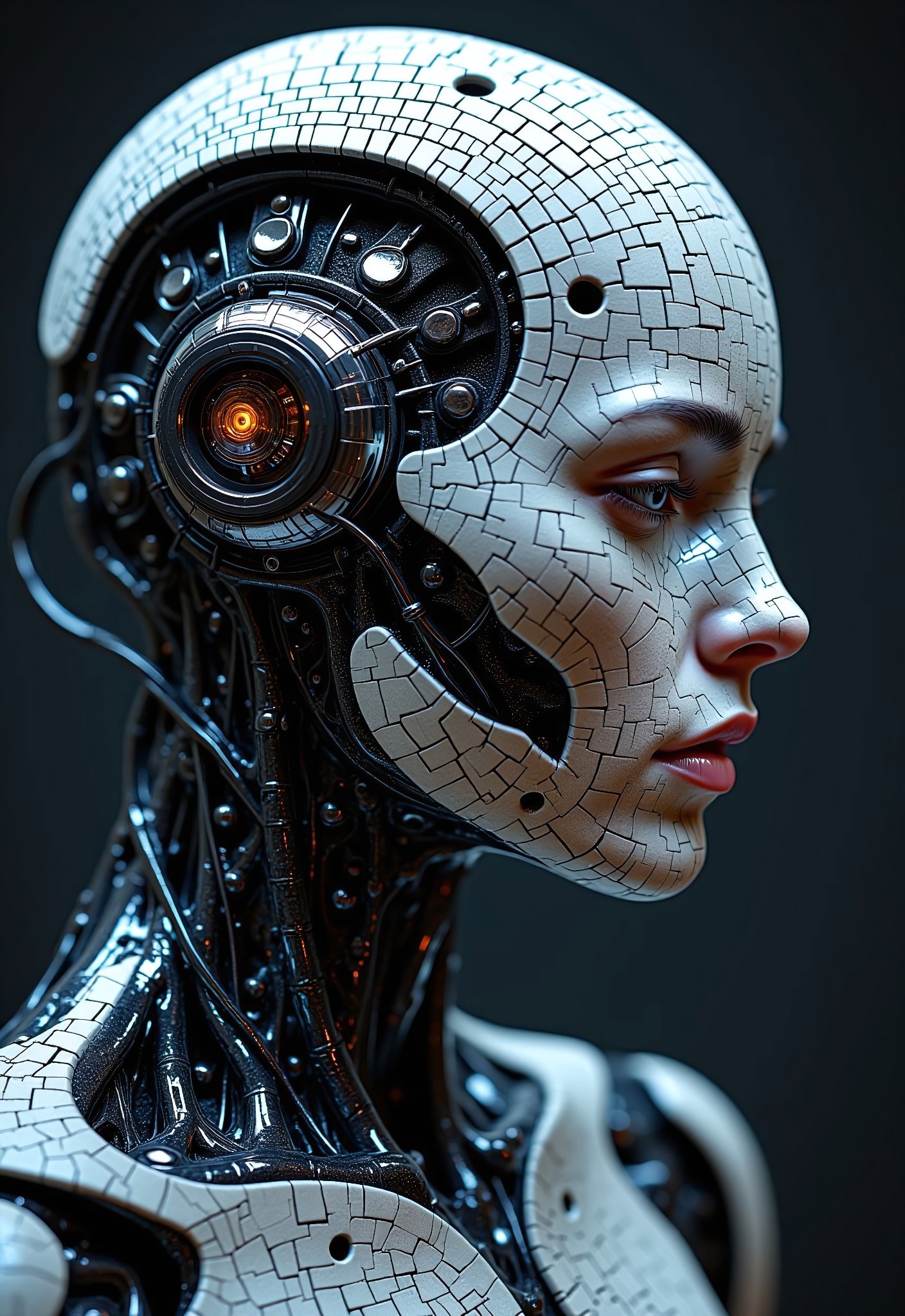 aidmaimageupgrader, a high quality digital image of an intricate mosaic pattern building up to form an image of a futuristic cyborg made of liquid metal