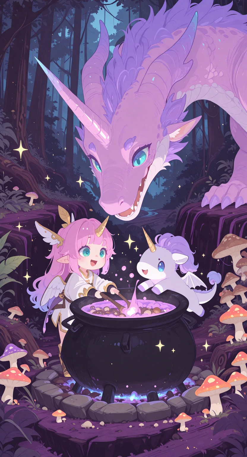 masterpiece, best quality, good quality, newest, highres, absurdres, 1girl, long hair, smile, open mouth, blue eyes, green eyes, pink hair, purple hair, horns, wings, pointy ears, chibi, tree, sparkle, leaf, nature, single horn, forest, dragon, mushroom, cooking, cooking pot, unicorn, cauldron, Ethereal Brushstroke,
Flat vector illustration,
h4ra_illu,
momosp <lora:illustriousXL_stabilizer_v1.23:0.3> <lora:NOOB_vp1_detailer_by_volnovik_v1:0.3> <lora:ponyv6_noobE11_2_adamW-000017:0.45> <lora:Illustrious:0.15> <lora:checkpoint-e18_s306:1.3> <lora:hara_id_21:0.85> <lora:MomoSweetSpaceILL:0.8>