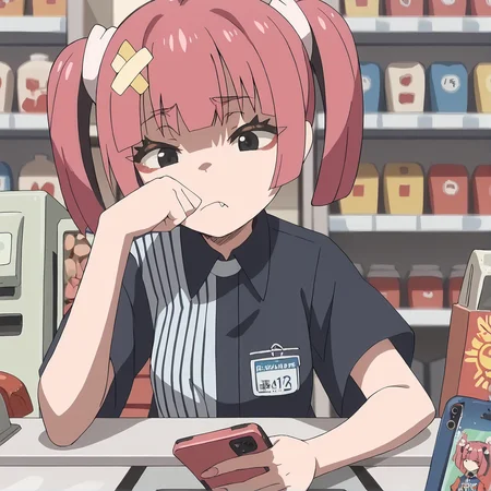 score_9, score_8_up, score_7_up, score_6_up, source_anime, source_hentai, 2d,
<lora:lawson.outfit.pony:1>, lawson,
convenience_store, cashier, cash_register, (sandwich:1.4),
<lora:sango.pony:1>, solo, 1girl, sango, leaning on counter, bored, elbow_rest, (looking_at_phone:1.2), (holding_phone:1.2),