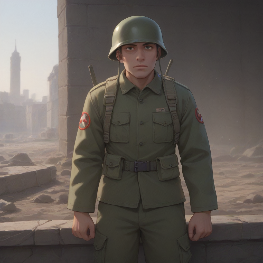 score_9, score_8_up, score_7_up, best quality, masterpiece, source_anime, zPDXL, zPDXL_xxx, BREAK
in city of ruin
1boy,  <lora:rebelsoldier:1>military uniform, rebelsoldier, green helmet, <lora:add-detail-xl:1> <lora:detail_eyes:0.5>