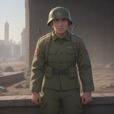 score_9, score_8_up, score_7_up, best quality, masterpiece, source_anime, zPDXL, zPDXL_xxx, BREAK
in city of ruin
1boy,  <lora:rebelsoldier:1>military uniform, rebelsoldier, green helmet, <lora:add-detail-xl:1> <lora:detail_eyes:0.5>