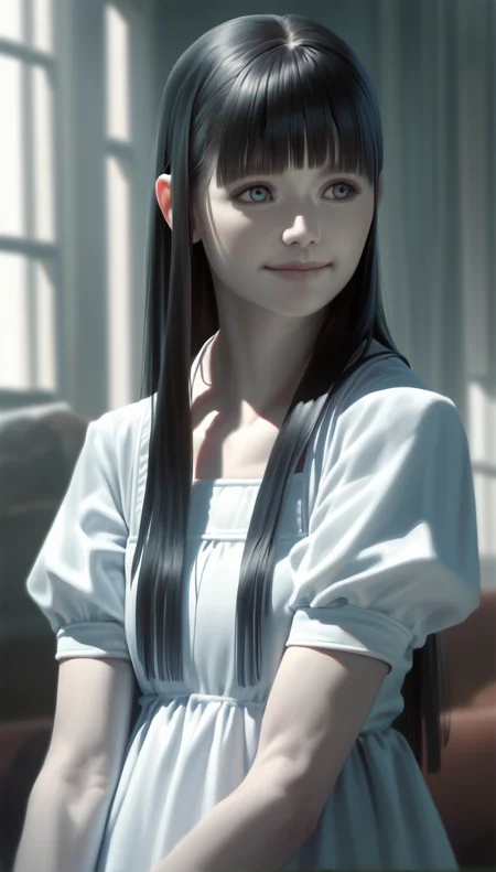 score_9,score_8_up,score_7_up,
<lora:Leanne:0.9>,
leanne,
highres,photorealism,
1girl,solo,pale skin,black hair,long hair,blunt bangs,blue eyes,looking ahead,facing aside,smile,long white dress,portrait,simple background,indoors,bloom,