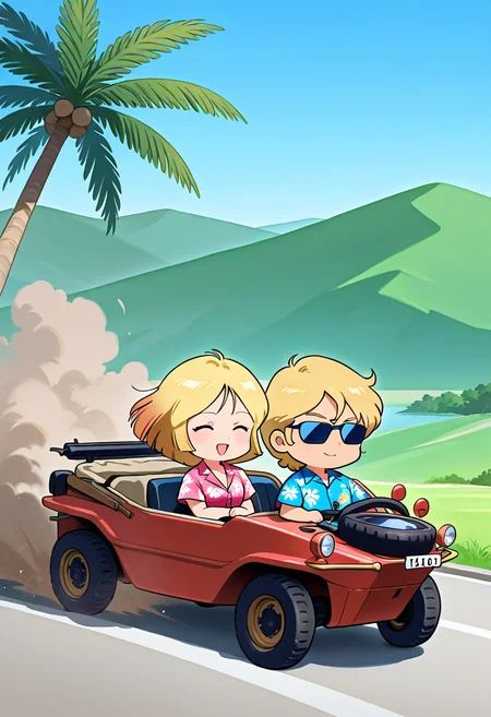 score_9,score_8_up,score_7_up,source_anime,masterpiece,best quality,detailed digital illustration of couple,dust,palm trees,windy,fast,simple background,left hand drive,<lora:swimmwagen:1>,swimmwagen,
couple,girl,smiling,sayla_mass \(mobile_suit_gundam\),blonde hair,sit in passenger seat,aloha shirt,chibi,
couple,boy,smiling,char_aznable \(mobile_suit_gundam\),aloha shirt,sunglasses,driving,blond hair,chibi,