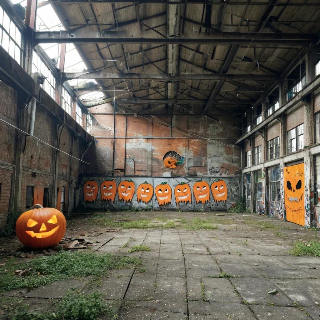 old abandoned factory decorated for halloween <lora:Halloween_XL:1>