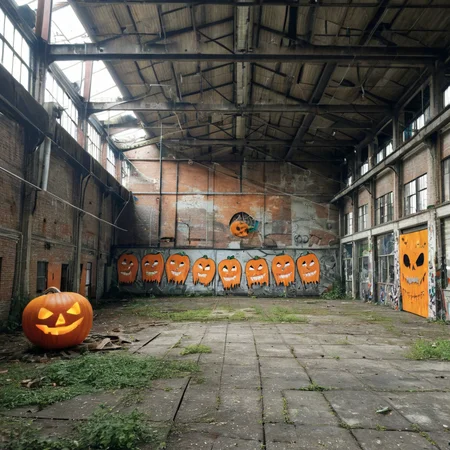 old abandoned factory decorated for halloween <lora:Halloween_XL:1>