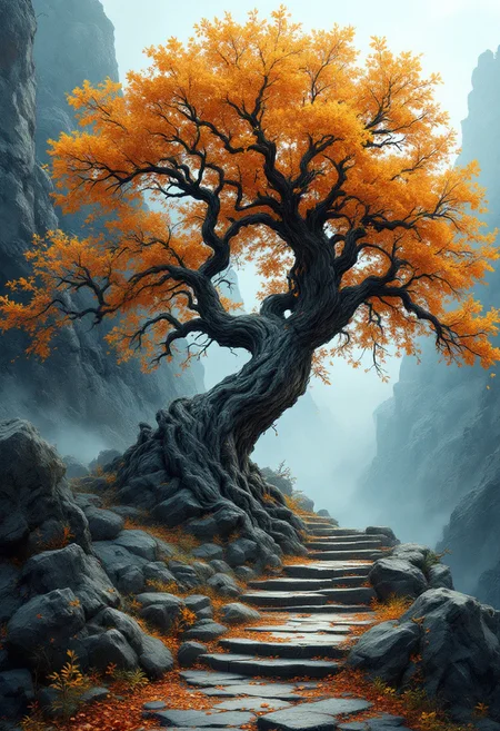 A captivating digital painting of an ancient gnarled tree, adorned with vibrant orange autumn leaves, standing proudly on a rocky mountainside. The tree's twisted branches reach out in all directions, as if reaching for the sky. A winding stone path meanders towards the tree, inviting the viewer to explore further. The scene exudes an air of age, mystery, and quiet solitude, evoking a sense of awe and wonder. The dominant colors of deep greys and blues in the rocks contrast beautifully with the warm oranges and yellows of the foliage. The foggy, atmospheric perspective adds depth to the scene, creating an enchanting atmosphere. The texture of the rocks and tree bark is incredibly detailed, giving the painting a lifelike quality. The path leads the eye deeper into the scene