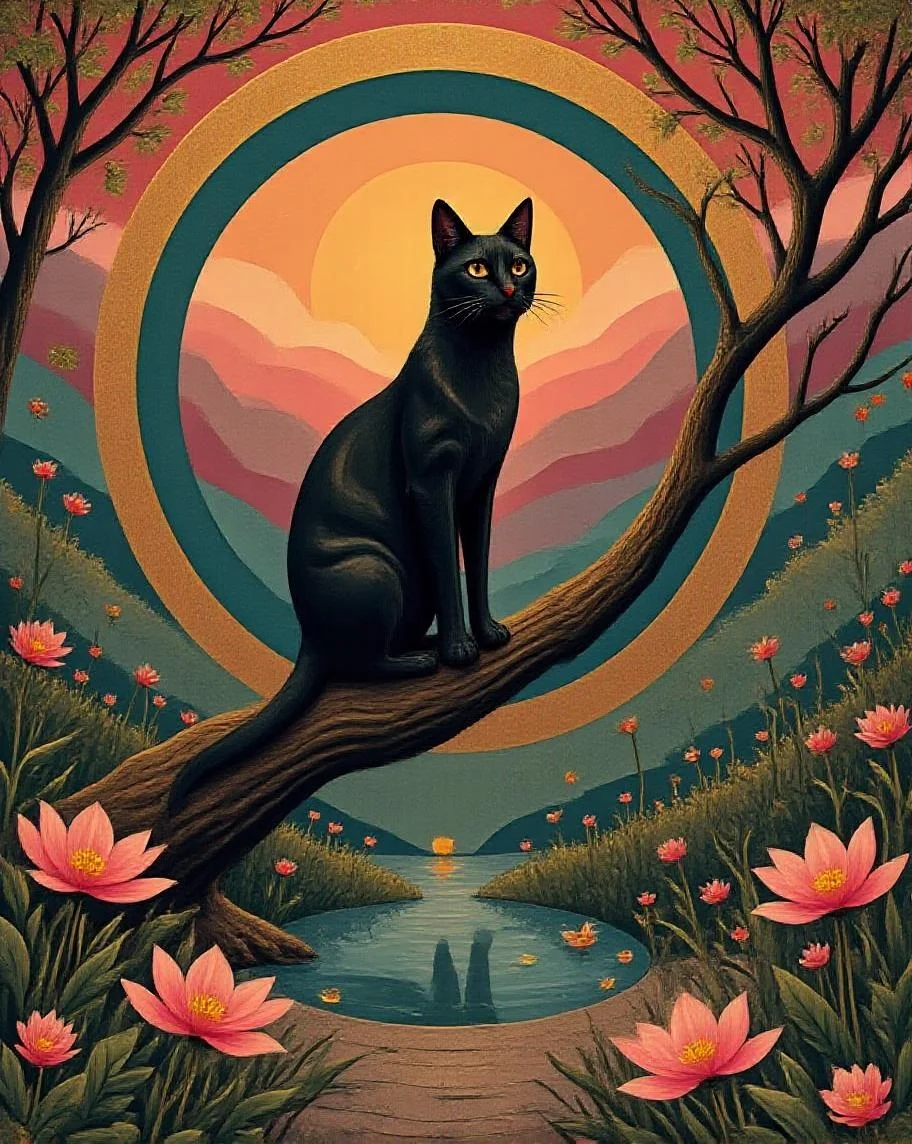 <lora:FolkCartoon.safetensors:1> A sleek black cat, its fur shimmering with a metallic sheen, perches elegantly on a gnarled, chrome-plated branch. The cat’s eyes gleam like polished amber, reflecting the vibrant, jewel-toned concentric rings that radiate behind it. The rings, a blend of deep pink, teal, and gold, shift in translucent gradients, creating a mesmerizing, opulent backdrop. The surrounding forest is a symphony of ornate, asymmetrical designs—twisting vines adorned with intricate floral motifs and leaves that glisten as though dipped in liquid metal. Below, tranquil lotus-shaped pools mirror the scene, their surfaces smooth and reflective, adding depth to the composition. The entire piece is bathed in dramatic lighting, with glints and reflections enhancing the glossy, sculptural quality of every element. Clean, modern lines subtly contrast the baroque extravagance, while elegant greenery softens the grandeur, creating a harmonious balance. The result is a surreal, luxurious fusion of baroque sophistication and contemporary glamour, where every detail feels both timeless and strikingly modern.