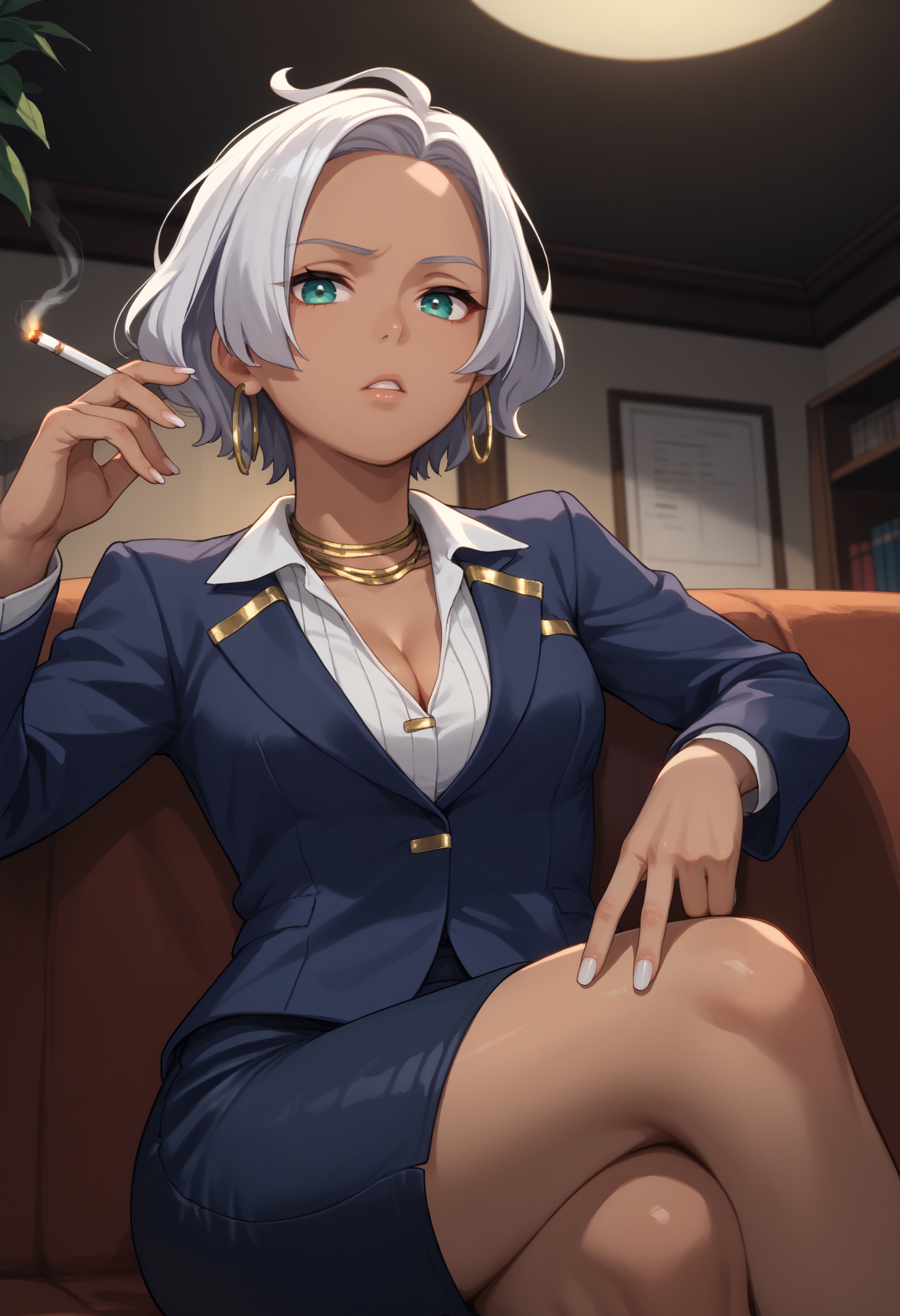 score_9, score_8_up, score_7_up, 1girl, solo, seciDo, dark skin, dark-skinned female, aqua eyes, silver hair, short hair, forehead, white nails,
seceBui, gold jewelry, hoop earrings, necklace, blue blazer, white shirt, collared shirt, long sleeves, blue skirt, pencil skirt, cleavage, 
looking at viewer, serious, parted lips, elbow rest, crossed legs, cigarette between fingers, holding cigarette, low-angle view,
indoors, office, dark, night, dark environment, sofa,
<lora:SeceliaDotePDXL_V1-Manityro-CAME:1.0>,