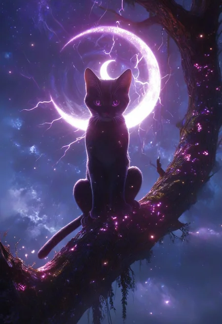 realistic,detailed background,score_9,score_8_up,score_7_up,masterpiece,best quality,
<lora:(增强)sdxl_lightning_8step_lora:1>,<lora:glowneon_xl_v1:1>,glowing,<lora:ExpressiveH:0.8>,Expressiveh,<lora:(增强)Hands XL 4:1>,perfect hands,
Surreal night scene,silhouette of a cat sitting on a tree branch,crescent moon in the sky,purple hues,starry night,dreamlike atmosphere,glowing edges,mystical,high contrast,ethereal light,detailed textures,whimsical,