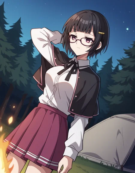 score_9, score_8_up, score_7_up, source_anime, <lora:souna-sitri-s1-ponyxl-lora-nochekaiser:1>, souna sitri, short hair, black hair, hair ornament, glasses, hairclip, bangs, blunt bangs, purple eyes, medium breasts, shirt, ribbon, school uniform, white shirt, black ribbon, neck ribbon, capelet, black capelet, long sleeves, skirt, red skirt,, camping, bonfire, tent, stargazing, marshmallows, forest clearing, night, , , hand behind head, , solo,, cowboy shot, dutch angle,
