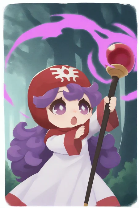 masterpiece, best quality, 1girl, solo, <lora:dqpom-illu-nvwls-v1-000005:1> dqPom, red hood, hood up, purple hair, curly hair, long hair, purple eyes, white robe, long sleeves  <lora:style_onmyoji_illustriousXL-GLoRA:1>  onmyojistyle, chibi, white border, diamond-shaped pupils, holding staff, open mouth, raised arm, casting magic, forest, trees, birds