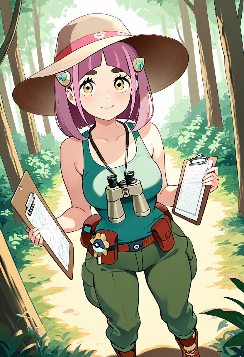 masterpiece, best quality, solo, curvy, beautiful eyes, narrow waist, wide hips, 1girl, solo, smile, looking at viewer, dynamic angle, foreshortening, close up,    zzLacey, lacey (pokemon), yellow eyes, pink hair, medium hair, hair ornament, thick eyebrows, arched bangs, hairclip,    ,<lora:LaceyPokemonIXL:1.0>, [Biologist in the Field], khaki cargo pants with multiple pockets, fitted green tank top, sturdy hiking boots, utility belt with specimen jars and a magnifying glass, wide-brimmed hat, binoculars hanging around the neck, holding a clipboard with field notes, standing in a lush forest surrounded by various plants and animals,