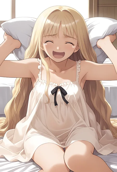 hortensia,score_9,score_8_up,score_7_up,source_anime,best_quality,masterpiece,super_fine_illustration,8k,1girl, adorable girl, blonde hair, very long hair, white sundress,
 (((tickling:1.0))), frowning, smiling, (wavy mouth:1.1), ((motion blur)), lie, convenient dress, small breasts, pillows, japanese room, tear, (((armp1tt1ckl3)))