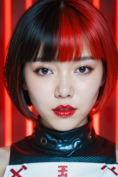 a woman, cyberpunk dyed haircut, portrait of female korean idol, faded effect, vertical portrait, by Nōami, portrait, red magic surrounds her, depth blur, merged, slit - scan photography, with a bob cut, red lipstick