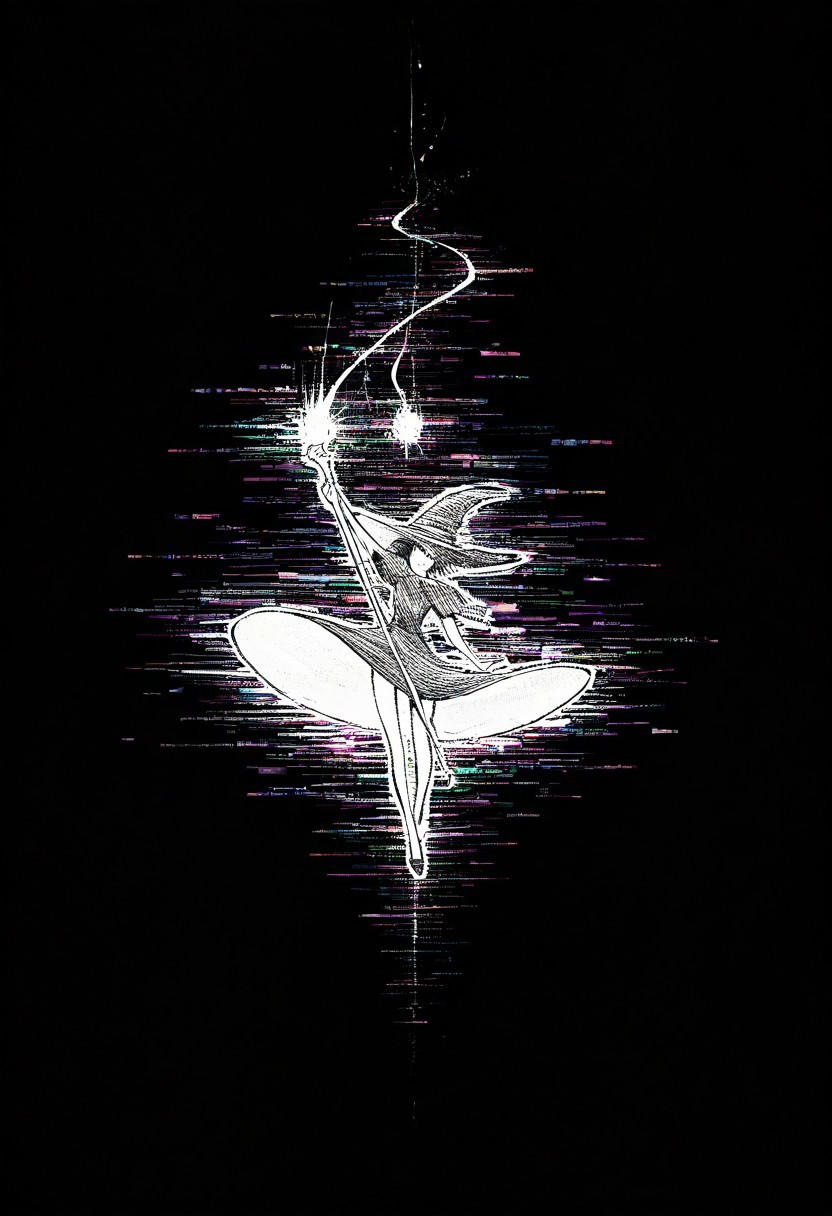 masterpiece, very aesthetic, absurdres, newest, source_anime, glitch, flickering, digital, glitch style, 
1girl, witch girl, falling, wind, dress, mouth open, arm extended, holding magic staff, witch hat