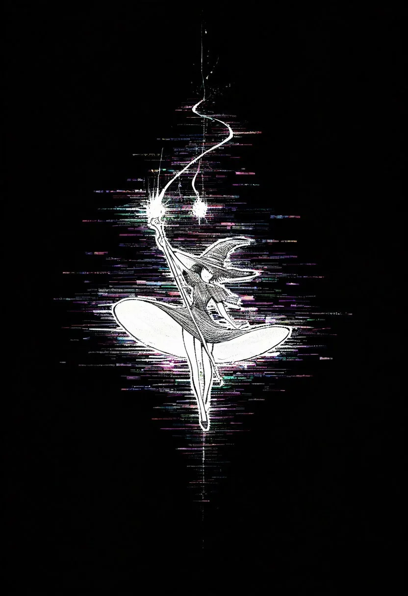 masterpiece, very aesthetic, absurdres, newest, source_anime, glitch, flickering, digital, glitch style,
1girl, witch girl, falling, wind, dress, mouth open, arm extended, holding magic staff, witch hat