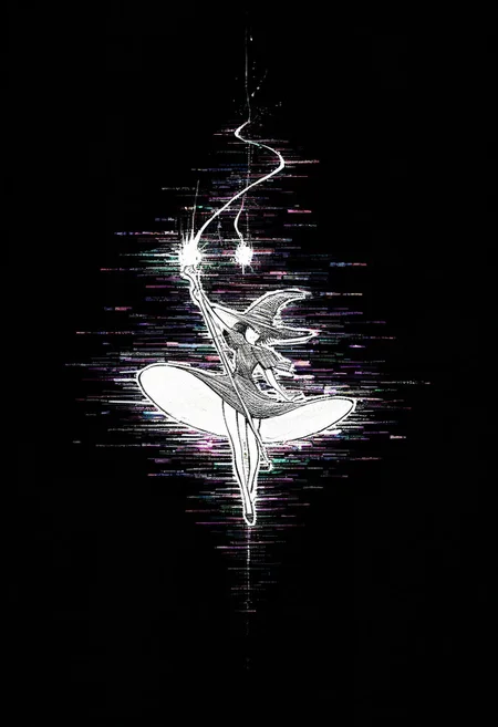 masterpiece, very aesthetic, absurdres, newest, source_anime, glitch, flickering, digital, glitch style, 
1girl, witch girl, falling, wind, dress, mouth open, arm extended, holding magic staff, witch hat
