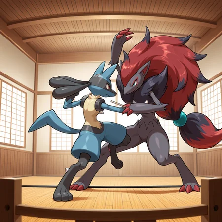 lucario, zoroark, pokemon, sparring, fighting, dojo, battle, dynamic scene, movement, masterpiece, best quality, high quality, absurdres, highres, incredibly absurdres, newest, amazing quality