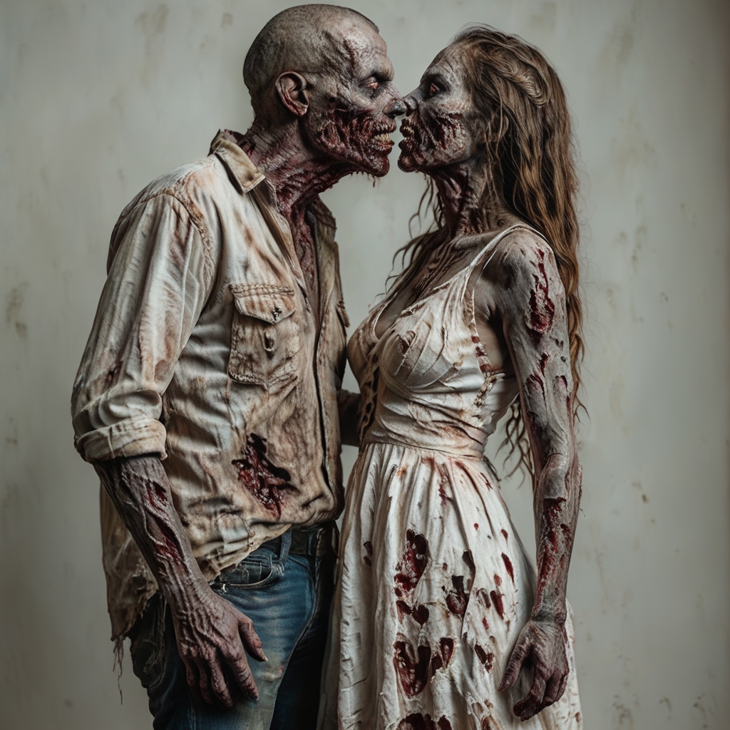 Dbeauty, full body zombie couple, full body zombie man, full body zombie woman, white eyes, parted lips, rotten teeth, detailed very rippled skin, deformed skin, very heavy skin cuts, very heavy rotten skin, skin ripped apart, skin parts missing, big hole in the cheeks, visible flesh hanging, blood, very rotten lips, broken fingers, wearing a dirty white rotten shirt and torn jeans, wearing a torn dirty white dress, some bent, standing, kissing, love,