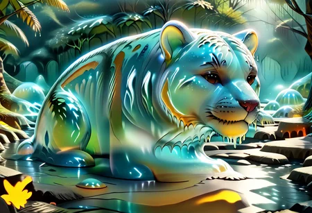 animal_guardian, tiger, a white tiger with black stripes, Tiger made out of slime, slime tiger in a jungle, jungle made out of slime,
natural light, no bright spots,
((translucent slime)), ((transparent slime)), made of water, (bioluminescent slime), sl1m3, slime, slime-morph, ais-blmn, saturated colors, no creatures, no humans, no monsters, no pokemon, scenery only, scenery, ral-lava, watce