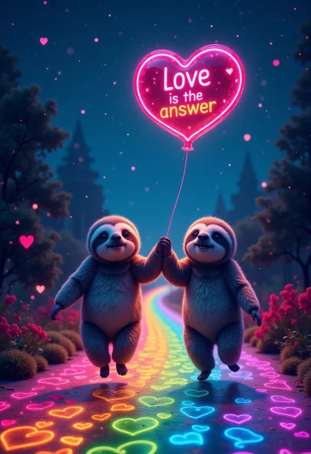 aidmaLOVEboost, they glow at night, a high quality digital image of the happiest two sloths in the world, they are skipping down a road made of a vivid intricate rainbow and they are holding hands and by hands i obviously mean paws, let's not get into that whole hands vs paws thing again. One of them is holding an intricate heart shaped helium balloon with the text: "Love is the answer" written on it in stylized text