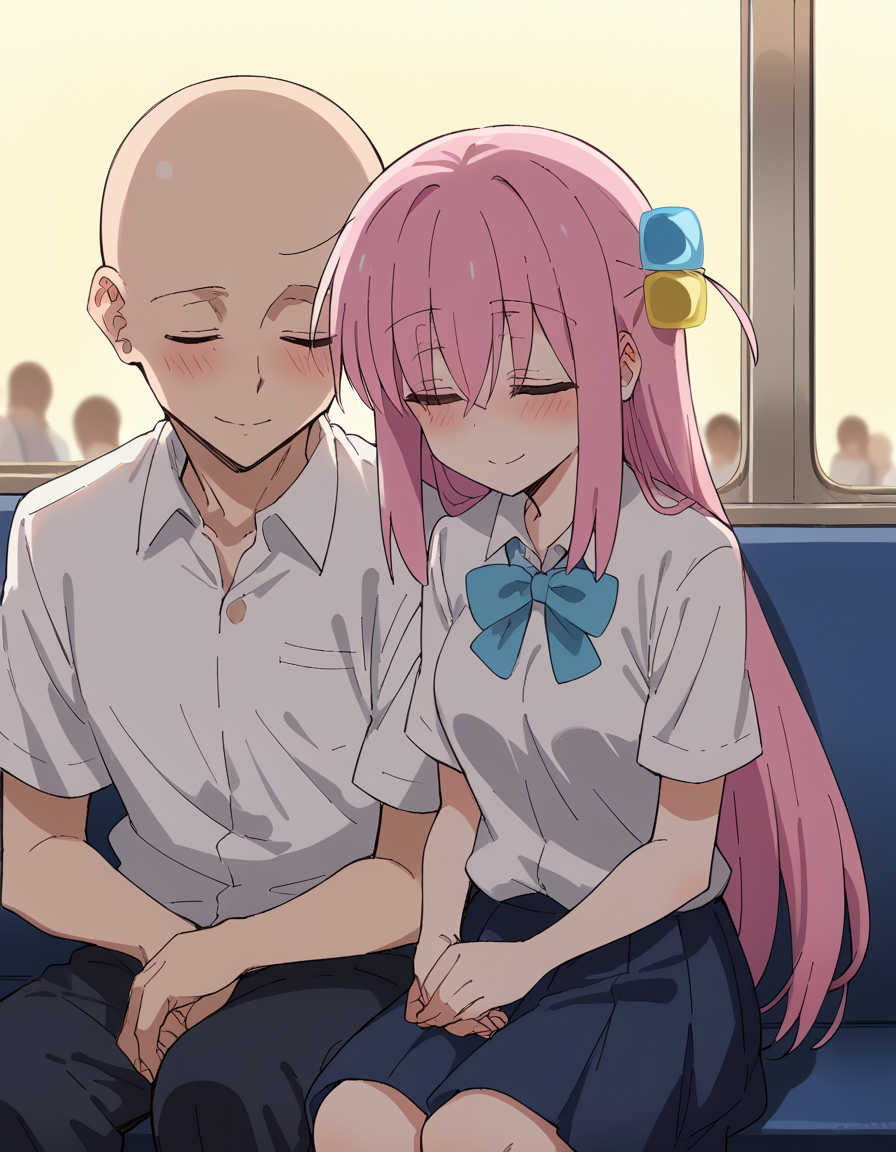 score_9, score_8_up, score_7_up, source_anime, <lora:hitori-gotou-s1-ponyxl-lora-nochekaiser:1>, hitori gotou, cube hair ornament, hair ornament, pink hair, one side up, long hair, medium breasts,, <lora:leaning-on-person-side-by-side-ponyxl-lora-nochekaiser:1>, leaning on person side-by-side, sitting, hetero, sleeping, couple, train interior, leaning on person, school uniform, faceless male, bald, faceless, smile, blush, closed eyes,,