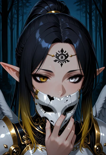 1girl, solo, mature, elf ears, black hair, (ponytail hair:0.9), long hair, gradient hair, yellow hair, heterochromia, white eyes, yellow eyes, gradient eyes, (black eyes:0.5), close up, portrait, white wings, furled wings, half oni mask, white mask, gold accents on the mask, (broken mask, missing mask parts), holding mask, white armor, armor with black and gold accents., runic tattoo on forehead, black nails, long fignernails, goth, black eyeshadow, black eyeliner, forest outdoors, night, (dark, dark lighting:1.3),
(masterpiece:1.1), best quality, absurdres