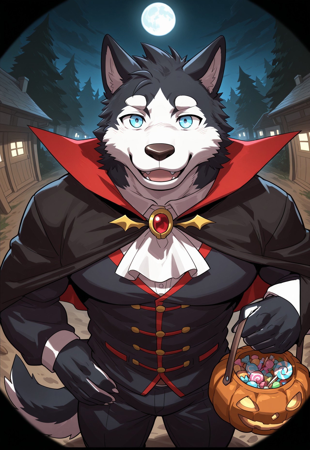 masterpiece, best quality, amazing quality, furry male, muscular male, 1boy, bara, male focus, the prince_(dogxbloods), husky, blue eyes, vampire costume, holding bag, candy, tail, dirt path, night, dark, open mouth, fangs, looking at viewer, cowboy shot, halloween theme, peephole, lens fisheye, moon, tree, village in the background, dutch angle