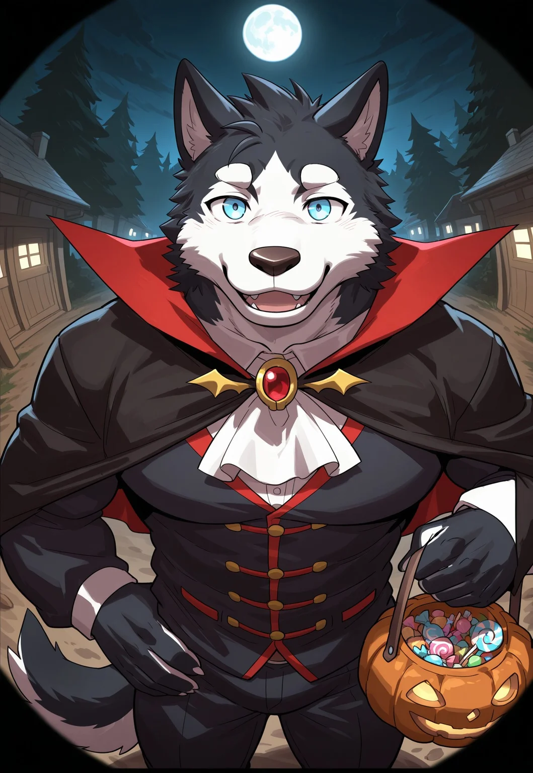 masterpiece, best quality, amazing quality, furry male, muscular male, 1boy, bara, male focus, the prince_(dogxbloods), husky, blue eyes, vampire costume, holding bag, candy, tail, dirt path, night, dark, open mouth, fangs, looking at viewer, cowboy shot, halloween theme, peephole, lens fisheye, moon, tree, village in the background, dutch angle