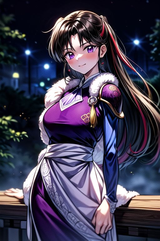 masterpiece,  best quality 1girl Setsun4 solo long hair,  (night time) forest background black hair very long hair purple eyes multicolored hair armor (fur trim) (medium body),<lora:EMS-179-EMS:0.800000>,<lora:EMS-293862-EMS:0.800000> bow, hair_bow, hair_tubes, red_bow, brown_hair, long_hair, bangs, ascot, frilled_bow, yellow_ascot, blush, smile, hair_between_eyes, athletic, armor, miko, ,(((intricate outfit,intricate clothes,embroidered outfit,ornate outfit,embroidered clothes,ornate clothes))),