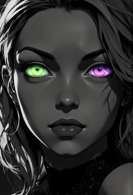 diclrpp, A striking close-up portrait of a beautiful woman's face in dramatic monochrome, with every element rendered in rich black and white tones except for her mesmerizing eyes. Her left eye glows with an intense light green luminescence while her right eye radiates a deep, vibrant purple - both eyes wide open and staring directly at the viewer with hypnotic intensity. Her gaze is simultaneously alarming and captivating, creating an immediate emotional connection with anyone who views the image. Her facial features are classically beautiful with high cheekbones, perfectly defined lips, and flawless skin texture enhanced by the high-contrast grayscale treatment. Dramatic shadows emphasize the contours of her face while spotlight-like lighting creates sharp highlights on her features. Her expression conveys both power and mystery, with slightly parted lips suggesting she's about to reveal a secret. Delicate wisps of her hair frame her face in silver and obsidian tones, with individual strands catching the light. The stark monochrome setting makes the glowing colored eyes even more striking, their unnatural illumination suggesting supernatural qualities or enhanced perception beyond normal human capability. j_art