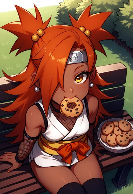 score_9, score_8_up, score_7_up, score_6_up, score_5_up, score_4_up, source_anime, rating_safe, chouchou akimichi, 1girl, dark-skinned female, (toned body, navel:0.7), orange hair, hair over one eye, two side up, long hair, yellow eyes, satisfied, enjoying food, happy, hair bobbles, white kimono, short kimono, sleeveless kimono, yellow obi, orange sash, fishnets, detached sleeves, black thighhighs, forehead protector, jewelry, earrings, eating, cookie, food in mouth, looking at viewer, sitting, park bench, grass, cowboy shot, front view, polyle