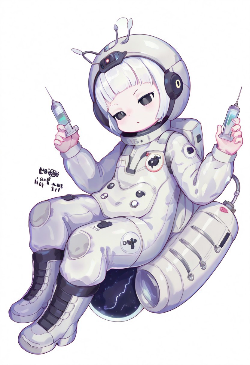 lazypos, girl focus, 1girl, antennae, solo, blunt bangs, white background, white hair, space helmet, black eyes, boots, syringe, short hair, pill, holding, simple background