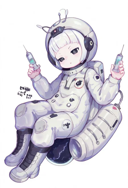 lazypos, girl focus, 1girl, antennae, solo, blunt bangs, white background, white hair, space helmet, black eyes, boots, syringe, short hair, pill, holding, simple background