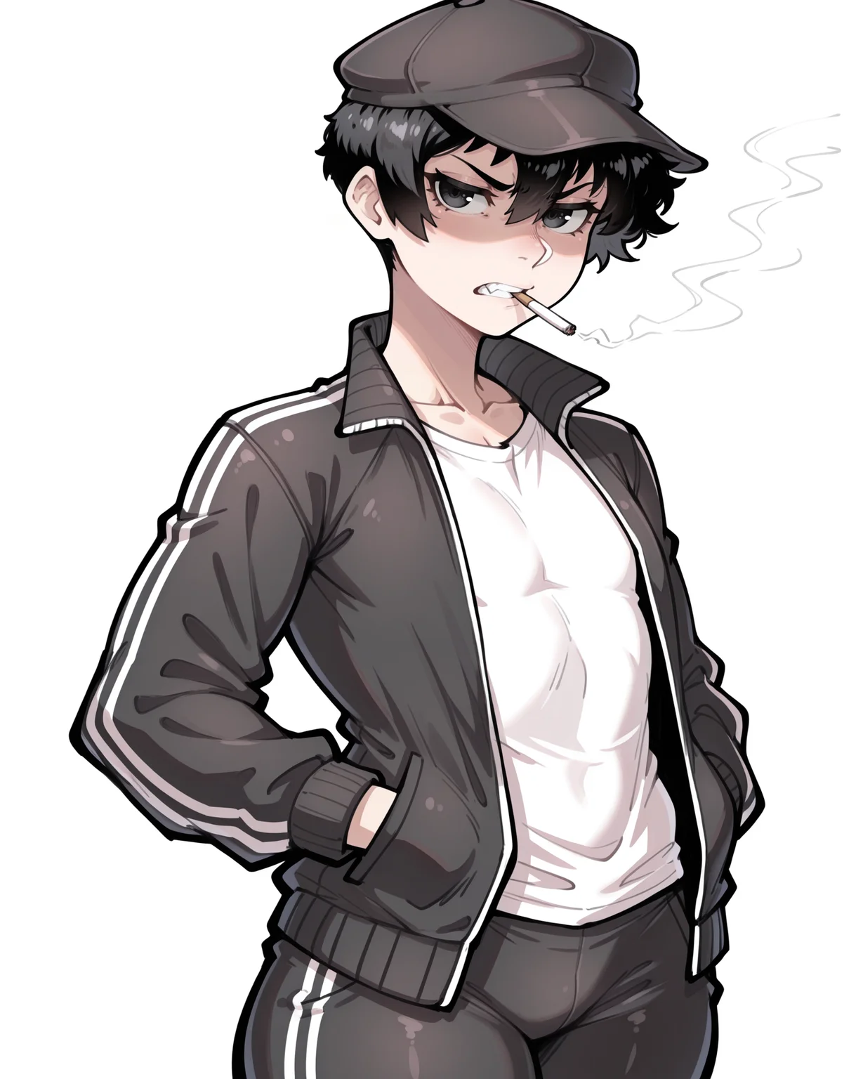 IllustriousQual_1017896, detailed face, detailed body, nelewdy, linear hatching, OCDamien, 1boy, solo, otoko no ko, toned, nose shade, black hair, black eyes, very short hair, pixie cut, hair between eyes, black flat cap, gopnik, cigarette in mouth, black track suit, white t-shirt,  scowl, gritting teeth, looking at viewer, facing viewer, hands in pockets,cowboy shot, simple background, white background, <lora:StS-Illustrious-Detail-Slider-v1.0:5><lora:hand 5.5_903007:0.9><lora:OC_Damien:1> <lora:StS_Age_Slider_Illustrious_v1:3><lora:il_brightness_slider_d1_1133126:0><lora:Muscle slider 3_last:2><lora:PP slider_last:-1><lora:[nelewdy] Artist Style Illustrious_1142580:1>