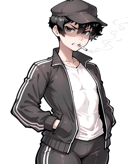 IllustriousQual_1017896, detailed face, detailed body, nelewdy, linear hatching, OCDamien, 1boy, solo, otoko no ko, toned, nose shade, black hair, black eyes, very short hair, pixie cut, hair between eyes, black flat cap, gopnik, cigarette in mouth, black track suit, white t-shirt,  scowl, gritting teeth, looking at viewer, facing viewer, hands in pockets,cowboy shot, simple background, white background, <lora:StS-Illustrious-Detail-Slider-v1.0:5><lora:hand 5.5_903007:0.9><lora:OC_Damien:1> <lora:StS_Age_Slider_Illustrious_v1:3><lora:il_brightness_slider_d1_1133126:0><lora:Muscle slider 3_last:2><lora:PP slider_last:-1><lora:[nelewdy] Artist Style Illustrious_1142580:1>