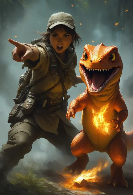 Ranger and charmander, Charging, pointing, fire lizard,