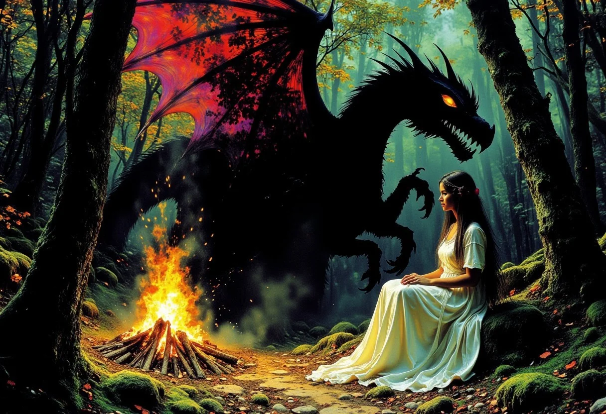 A mystical fantasy illustration of a young woman sitting gracefully by a roaring bonfire in a dense enchanted forest. Her simple, flowing dress sways gently in the warm breeze. The shadow she casts on the moss-covered trees is not her own but a towering, ferocious dragon with sharp claws and massive wings. Ethereal light highlights her tranquil expression, while the dragon shadow seems alive with fierce energy. Vibrant colors, high contrast, and intricate details. award-winning art, In the style of ff-ss