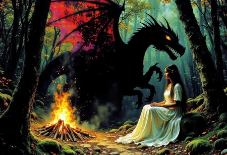 A mystical fantasy illustration of a young woman sitting gracefully by a roaring bonfire in a dense enchanted forest. Her simple, flowing dress sways gently in the warm breeze. The shadow she casts on the moss-covered trees is not her own but a towering, ferocious dragon with sharp claws and massive wings. Ethereal light highlights her tranquil expression, while the dragon shadow seems alive with fierce energy. Vibrant colors, high contrast, and intricate details. award-winning art, In the style of ff-ss