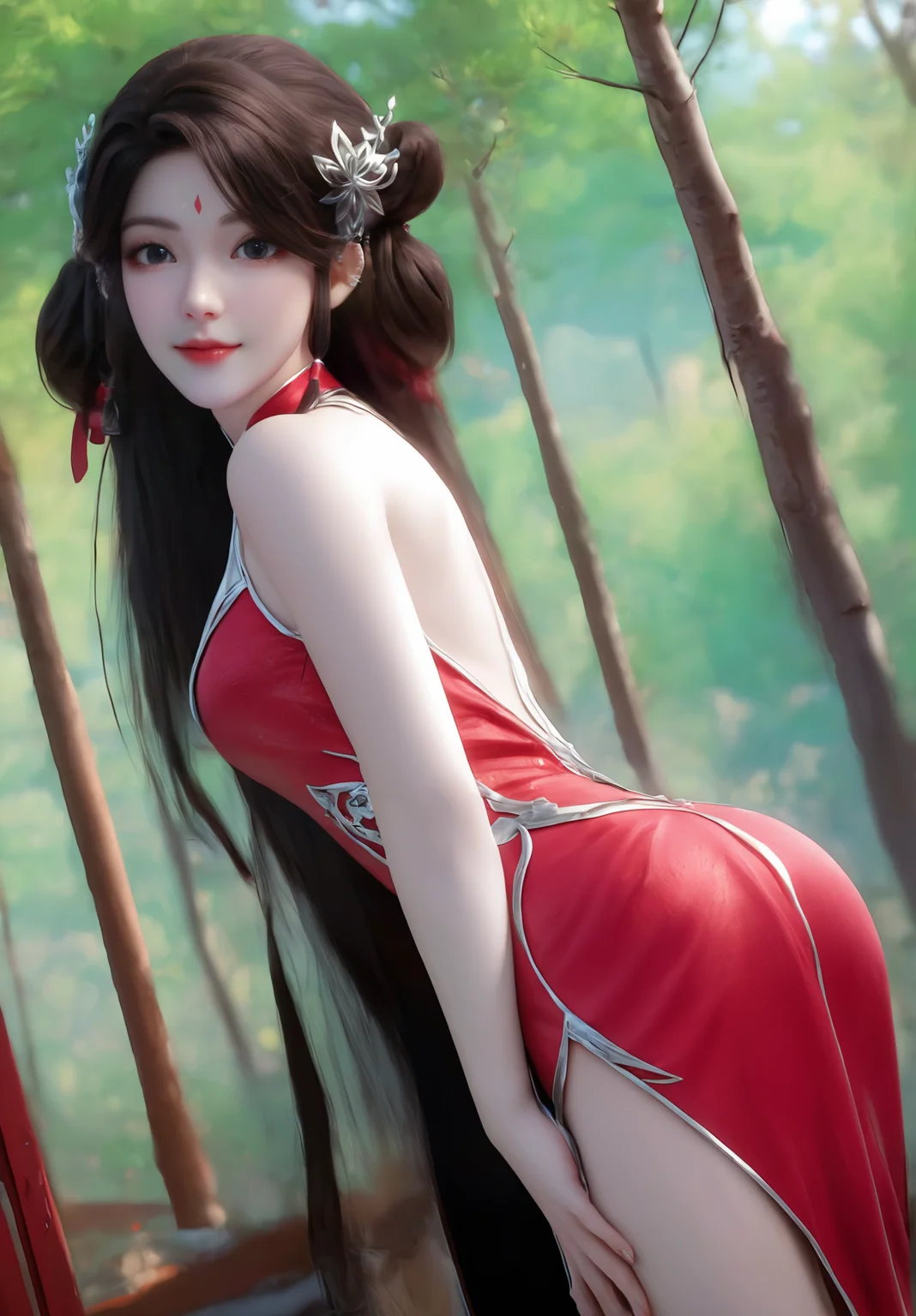 looking_at_viewer,cowboy_shot,(hands_on_ass:1.4),1girl,solo,dress,(face light:1.5),hair ornament,portiart,from front,masterpiece,(best quality),official art,extremely detailed cg 8k wallpaper,((crystalstexture skin)),(extremely delicate and beautiful),solo,realistic,photo_\(medium\),hiqcgbody,chinese background,(smile:0.4),red cheongsam,eye-contact,jewelry,long hair,<lora:huolinger_V3-000006:1>,